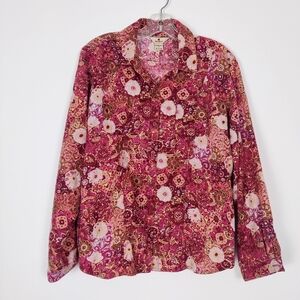 Woolrich Women's Velvet Floral Button Down Shirt in Pink Size Large 100% Cotton